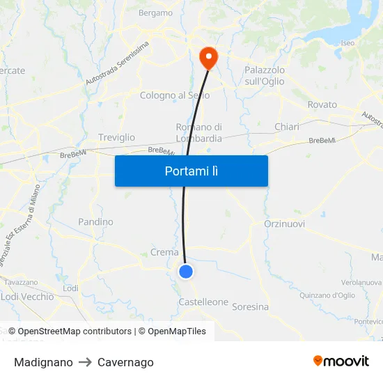 Madignano to Cavernago map