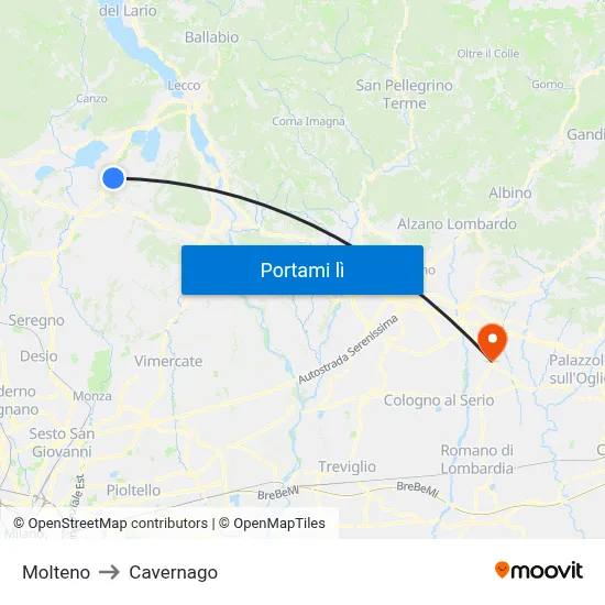 Molteno to Cavernago map