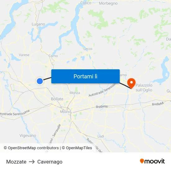 Mozzate to Cavernago map
