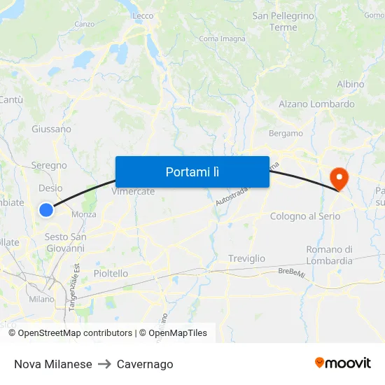 Nova Milanese to Cavernago map