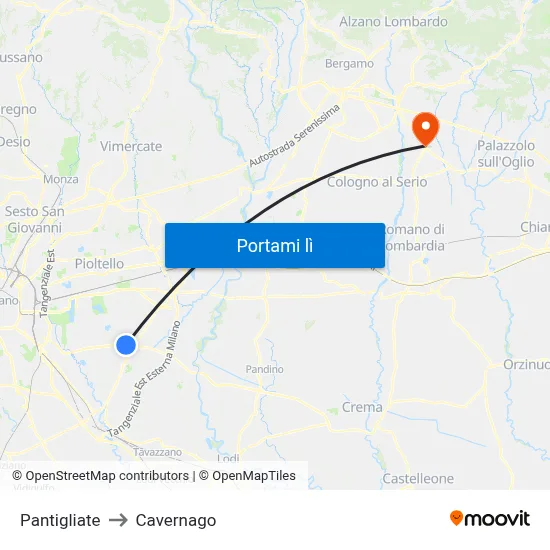 Pantigliate to Cavernago map