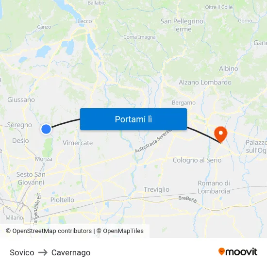 Sovico to Cavernago map
