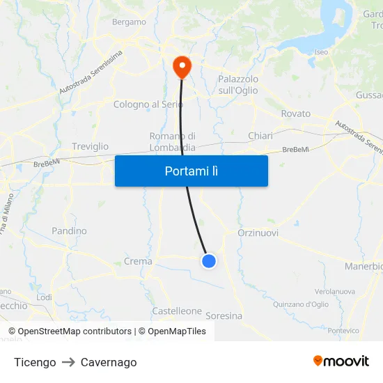 Ticengo to Cavernago map