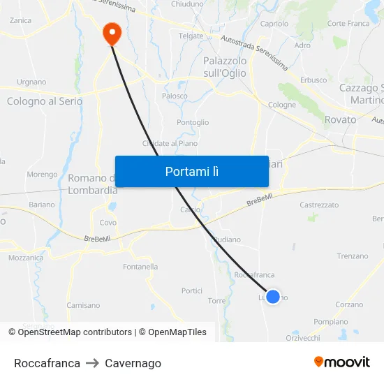 Roccafranca to Cavernago map