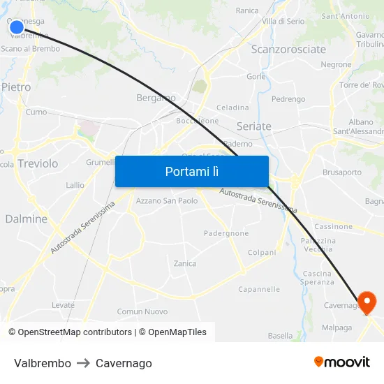 Valbrembo to Cavernago map