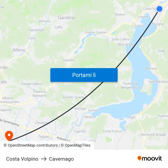 Costa Volpino to Cavernago map
