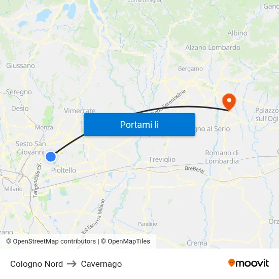 Cologno Nord to Cavernago map
