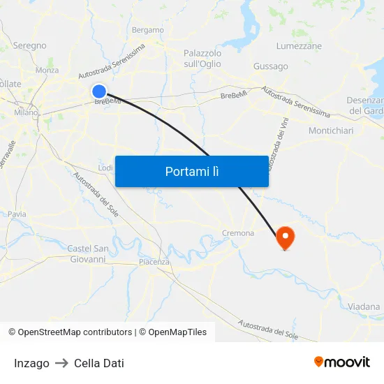 Inzago to Cella Dati map