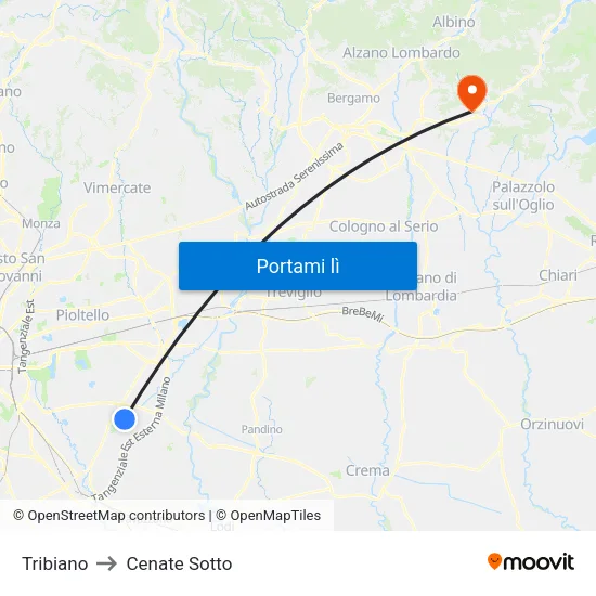 Tribiano to Cenate Sotto map