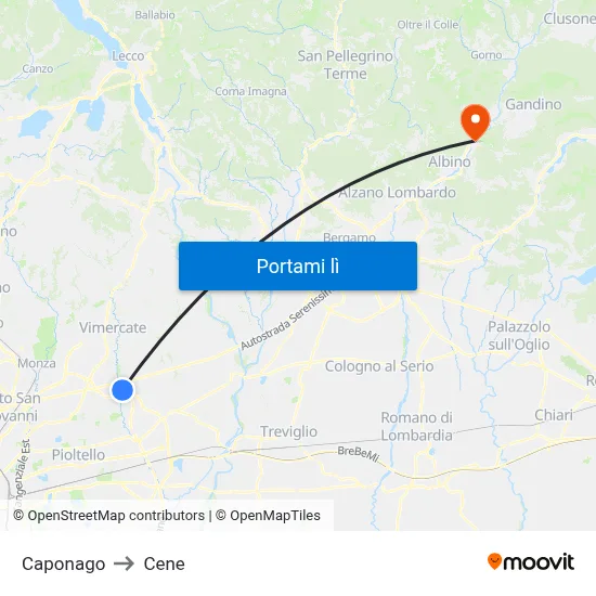 Caponago to Cene map