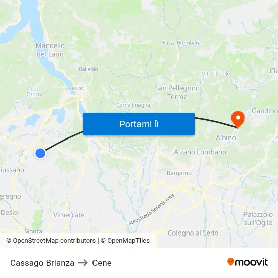 Cassago Brianza to Cene map