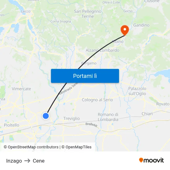 Inzago to Cene map