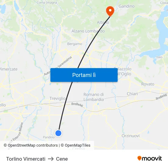 Torlino Vimercati to Cene map