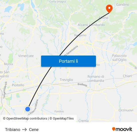 Tribiano to Cene map