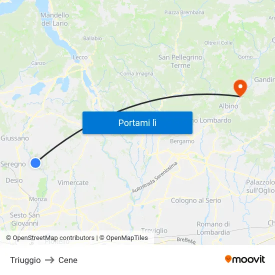 Triuggio to Cene map