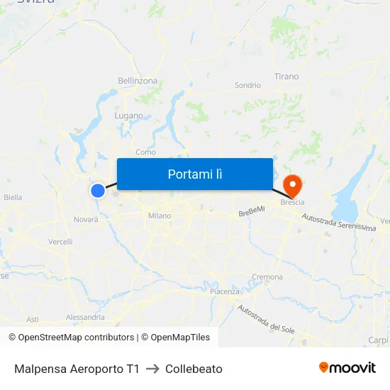 Malpensa Aeroporto T1 to Collebeato map