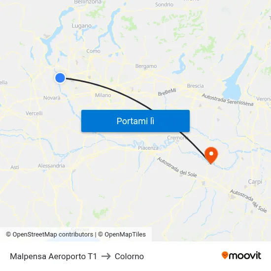 Malpensa Aeroporto T1 to Colorno map