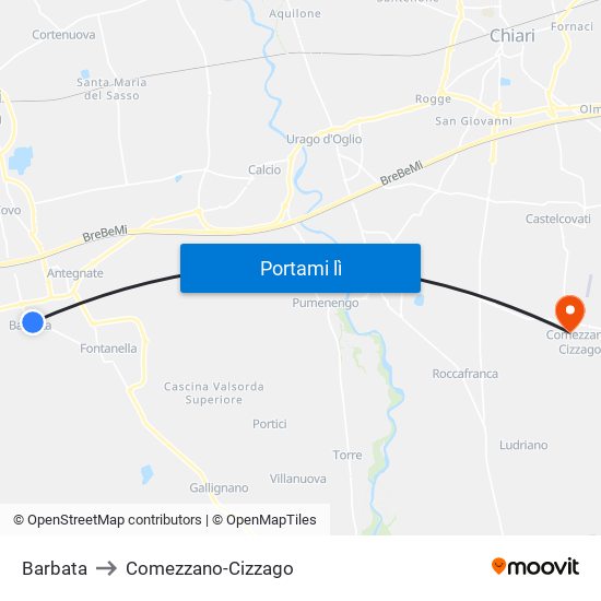 Barbata to Comezzano-Cizzago map