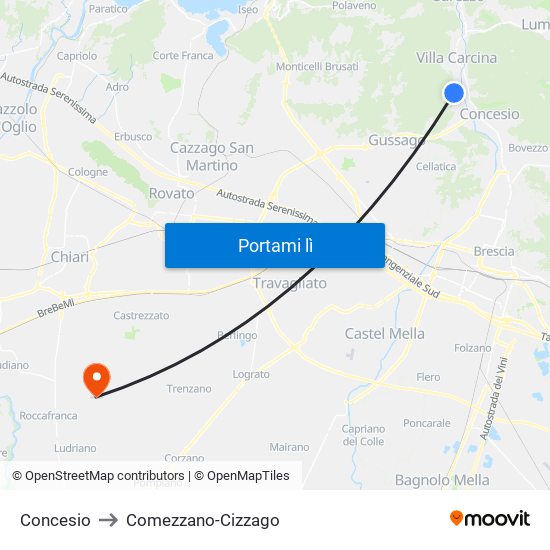Concesio to Comezzano-Cizzago map