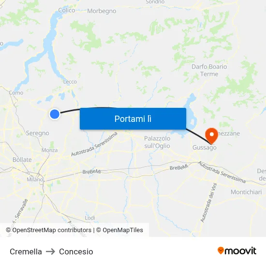 Cremella to Concesio map
