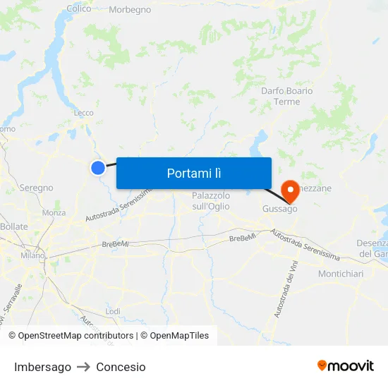 Imbersago to Concesio map