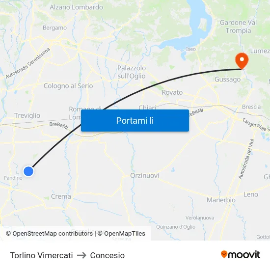Torlino Vimercati to Concesio map