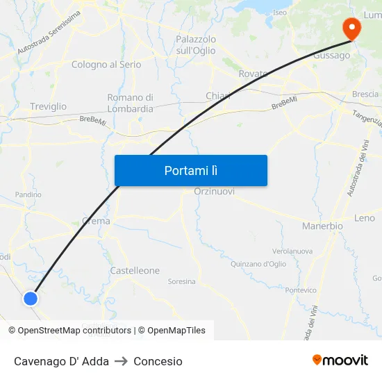 Cavenago D' Adda to Concesio map