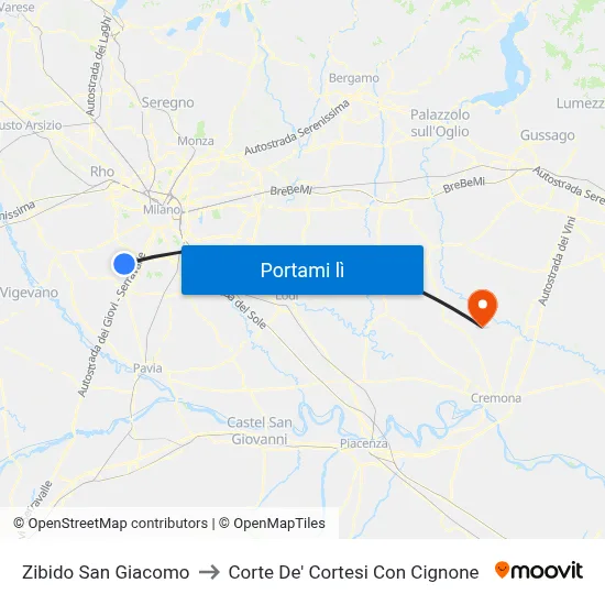 Zibido San Giacomo to Corte De' Cortesi Con Cignone map