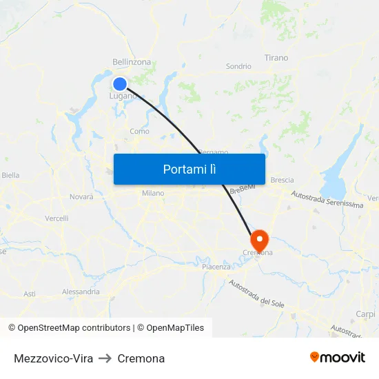 Mezzovico-Vira to Cremona map