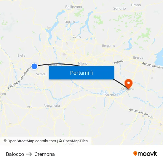 Balocco to Cremona map