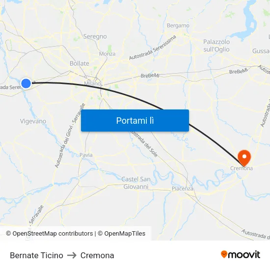 Bernate Ticino to Cremona map