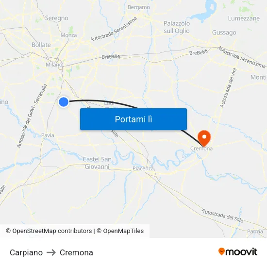 Carpiano to Cremona map