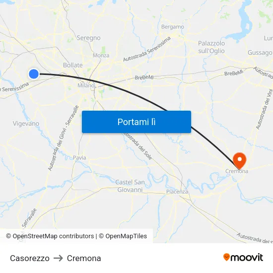 Casorezzo to Cremona map