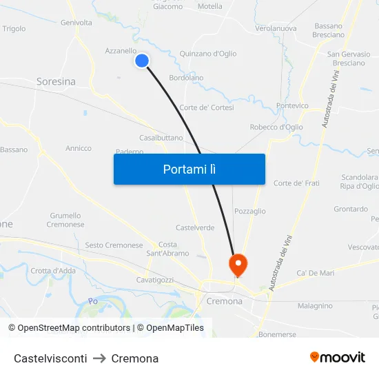 Castelvisconti to Cremona map
