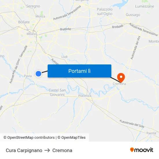 Cura Carpignano to Cremona map