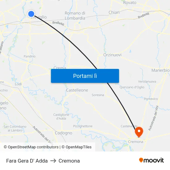 Fara Gera D' Adda to Cremona map