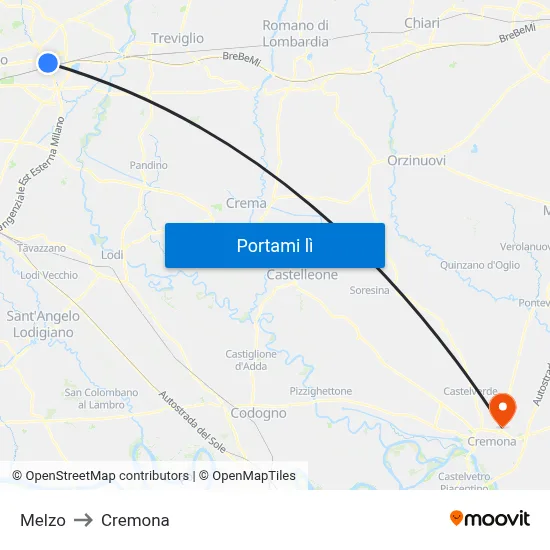 Melzo to Cremona map