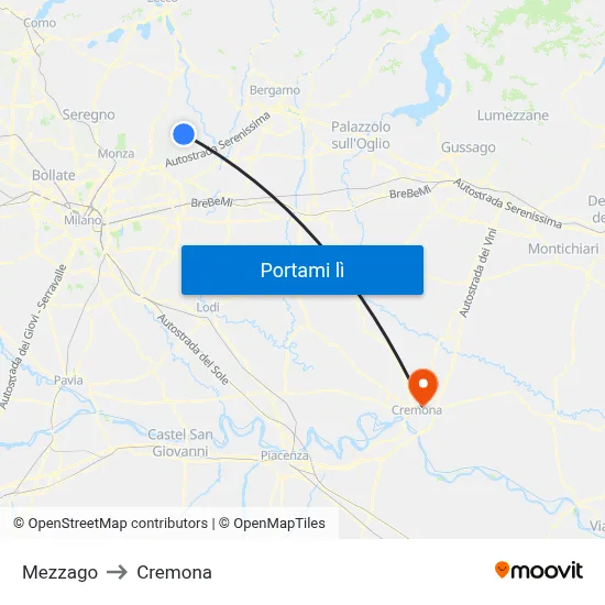 Mezzago to Cremona map