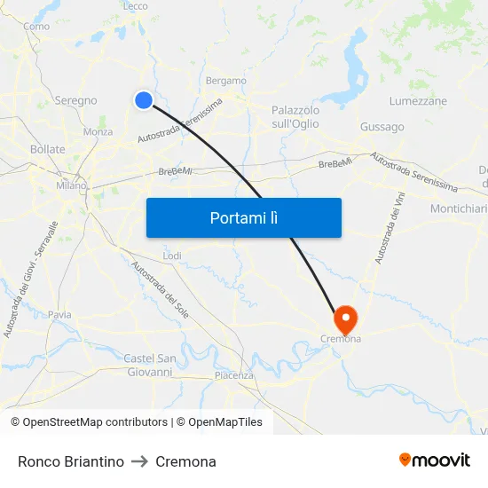 Ronco Briantino to Cremona map