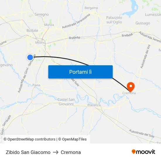 Zibido San Giacomo to Cremona map