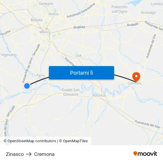 Zinasco to Cremona map