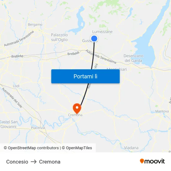 Concesio to Cremona map