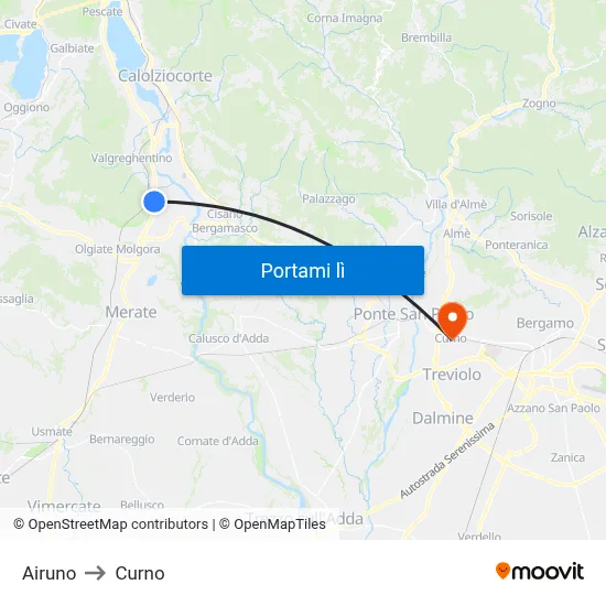 Airuno to Curno map