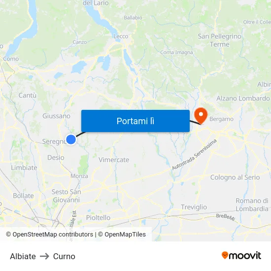 Albiate to Curno map