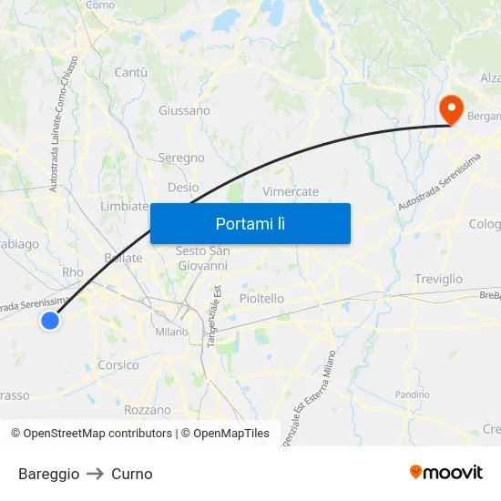 Bareggio to Curno map
