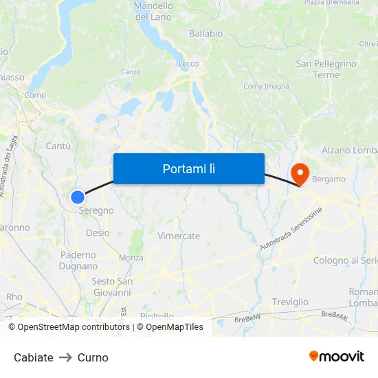 Cabiate to Curno map