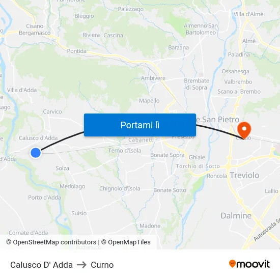 Calusco D' Adda to Curno map