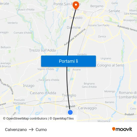 Calvenzano to Curno map