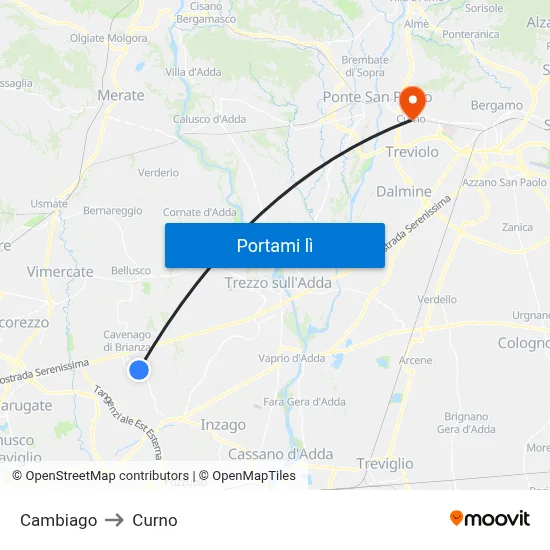 Cambiago to Curno map