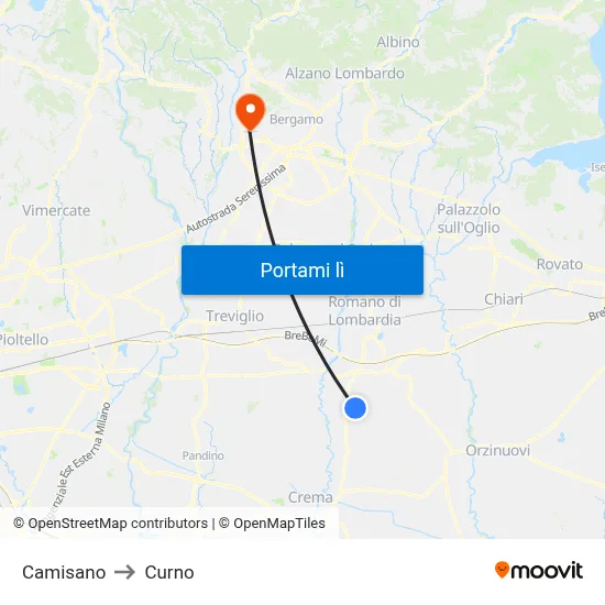 Camisano to Curno map